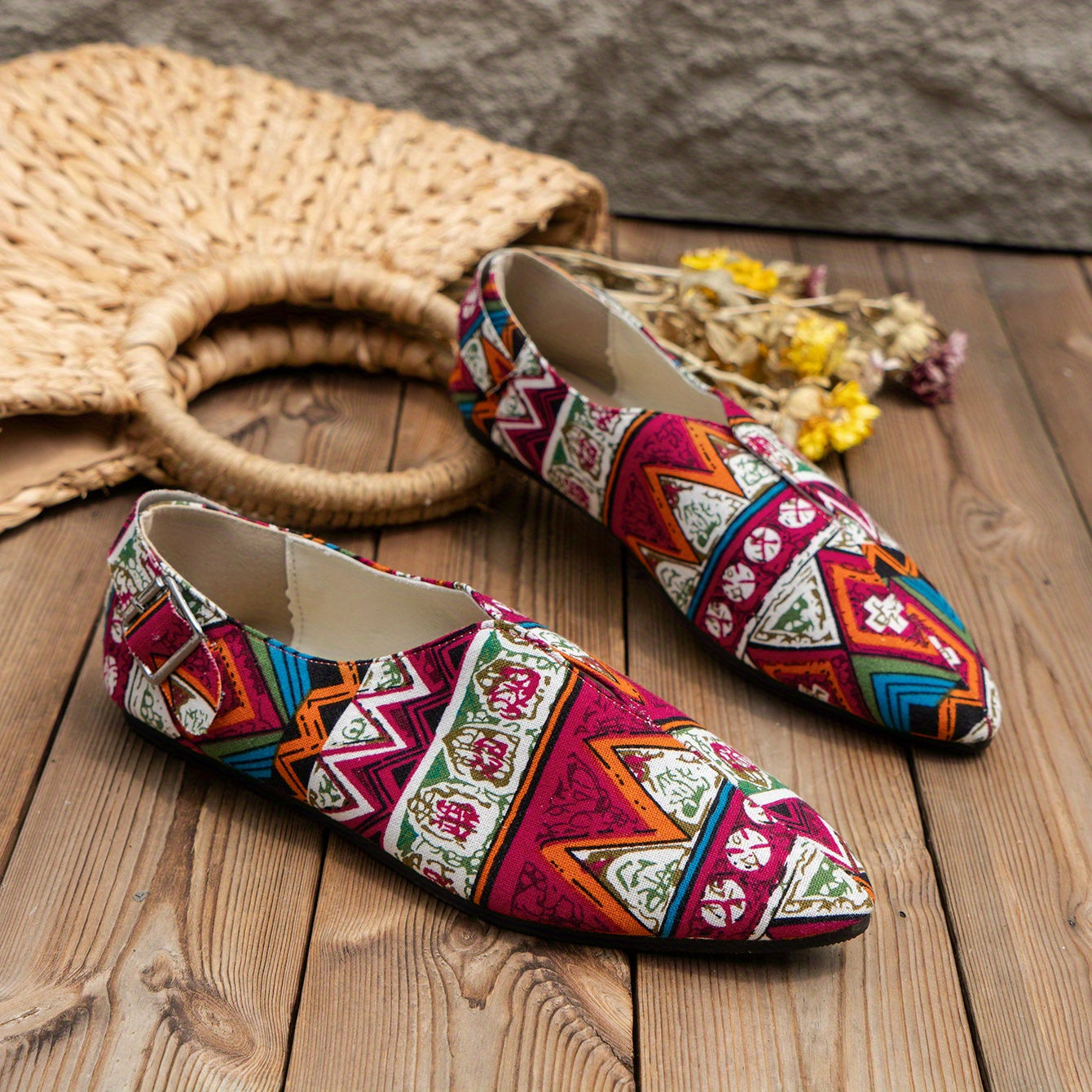 Women's Tribal Flat Shoes Pointed Toe Slip-On Canvas Casual Lightweight Flats