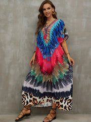 Feather Leopard Print Plus Size Boho Cover Up V Neck Tie Front