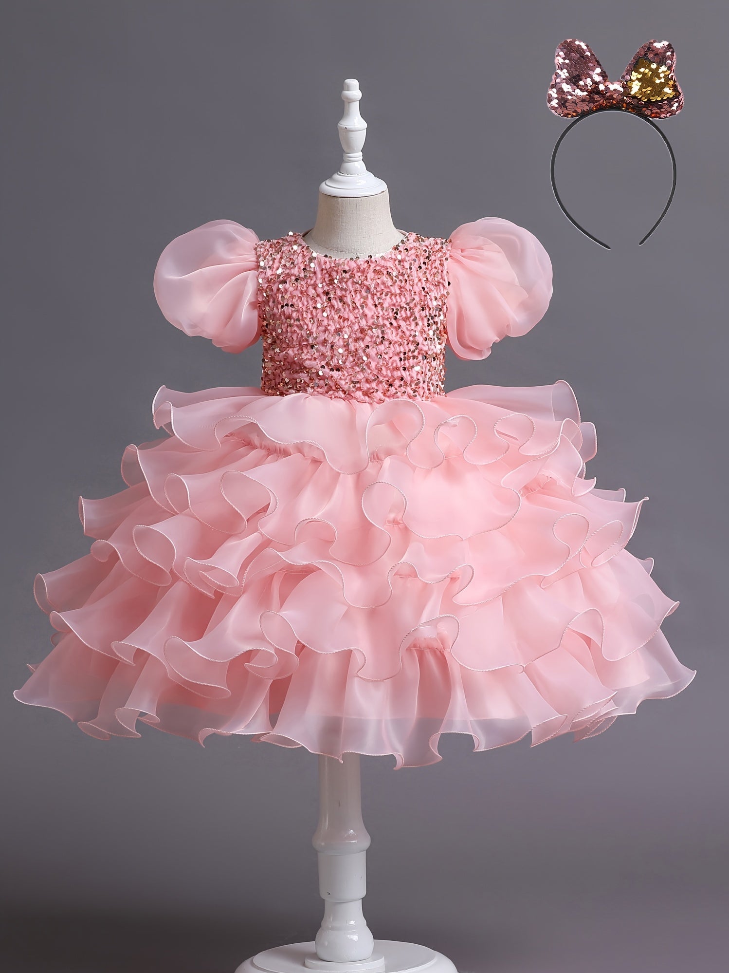 Girls Sequined Party Ball Dress With Bow Headband
