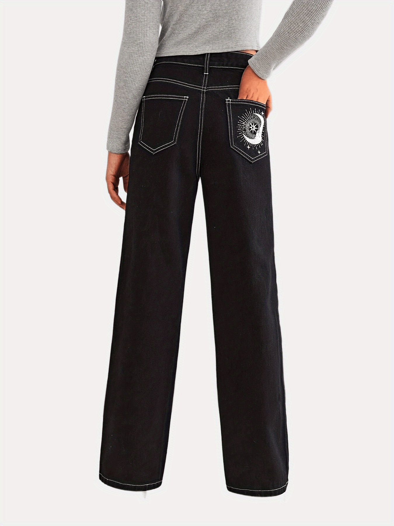 Cartoon Moon Star Graphic Stitch Jeans High Rise Solid Denim Pants