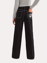 Cartoon Moon Star Graphic Stitch Jeans High Rise Solid Denim Pants
