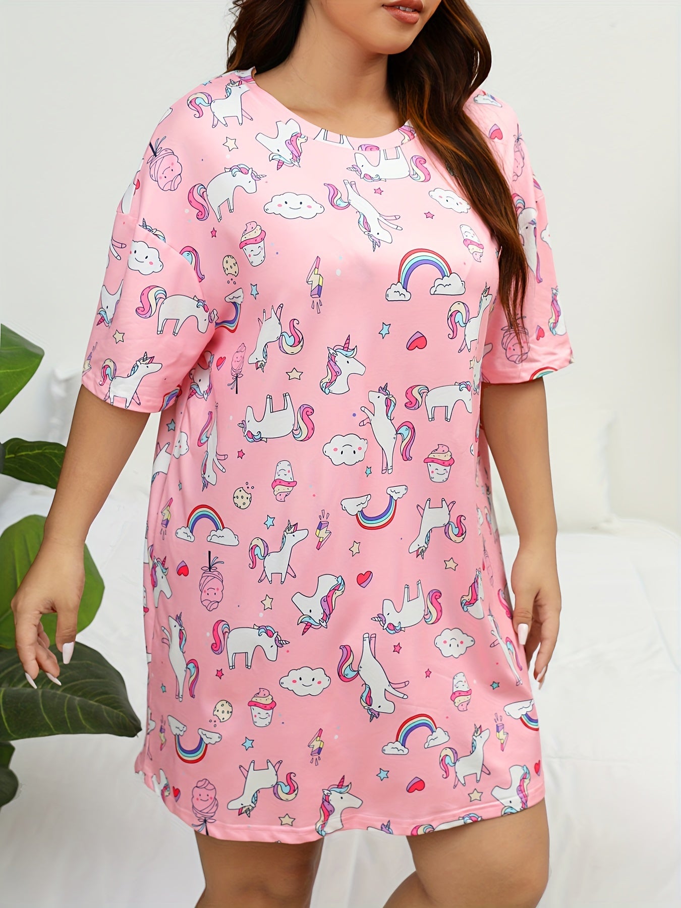 Easter Nightdress Women's Plus Unicorn Print Short Sleeve