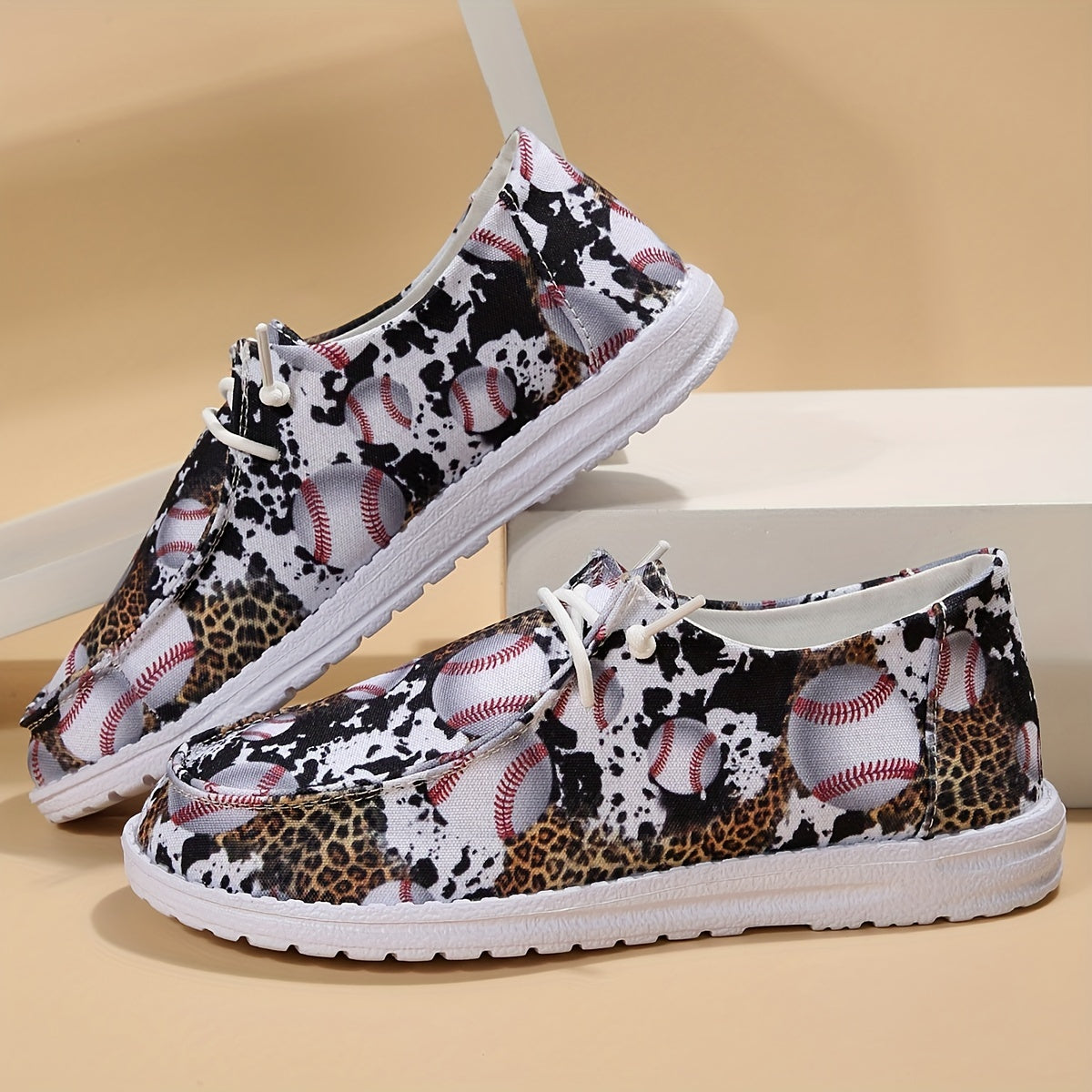 Women's Baseball Pattern Lace Up Boat Shoes Low Top Slip On Canvas Shoes