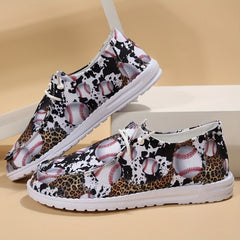 Women's Baseball Pattern Lace Up Boat Shoes Low Top Slip On Canvas Shoes