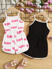 2pcs Toddler Girls Heart & Letter Graphic Cami Rompers For Summer