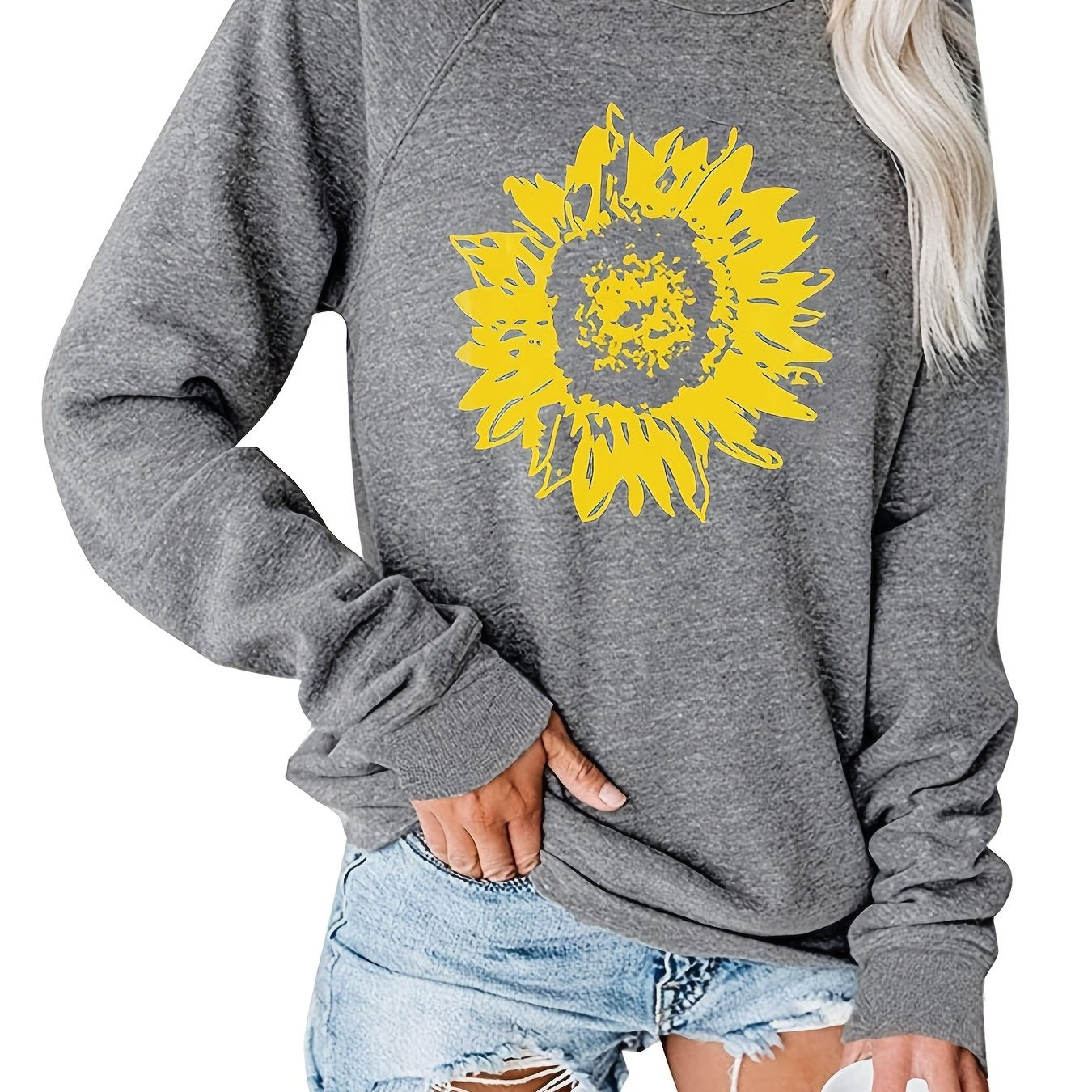 Sunflower Print Crew Neck Pullover Casual Loose Long Sleeve Sweatshirt