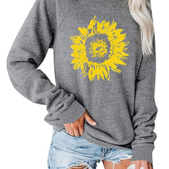 Sunflower Print Crew Neck Pullover Casual Loose Long Sleeve Sweatshirt
