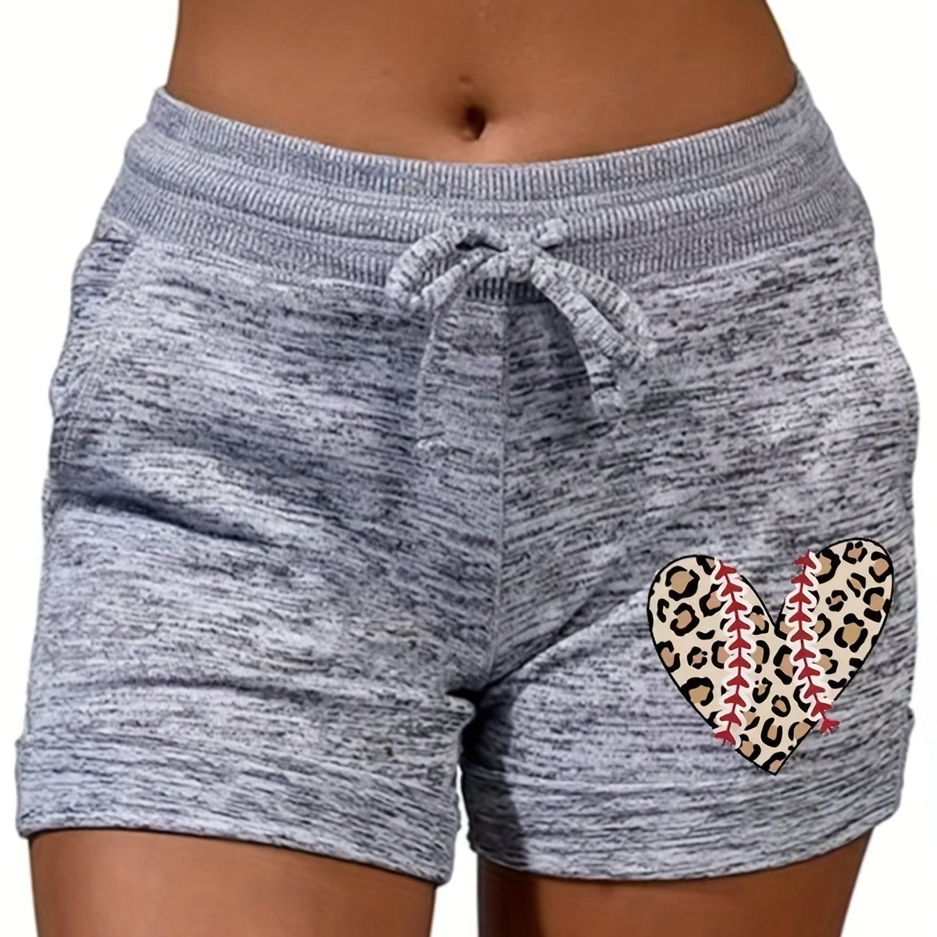 Leopard Heart Drawstring Shorts with Pockets