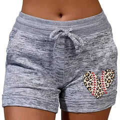 Leopard Heart Drawstring Shorts with Pockets