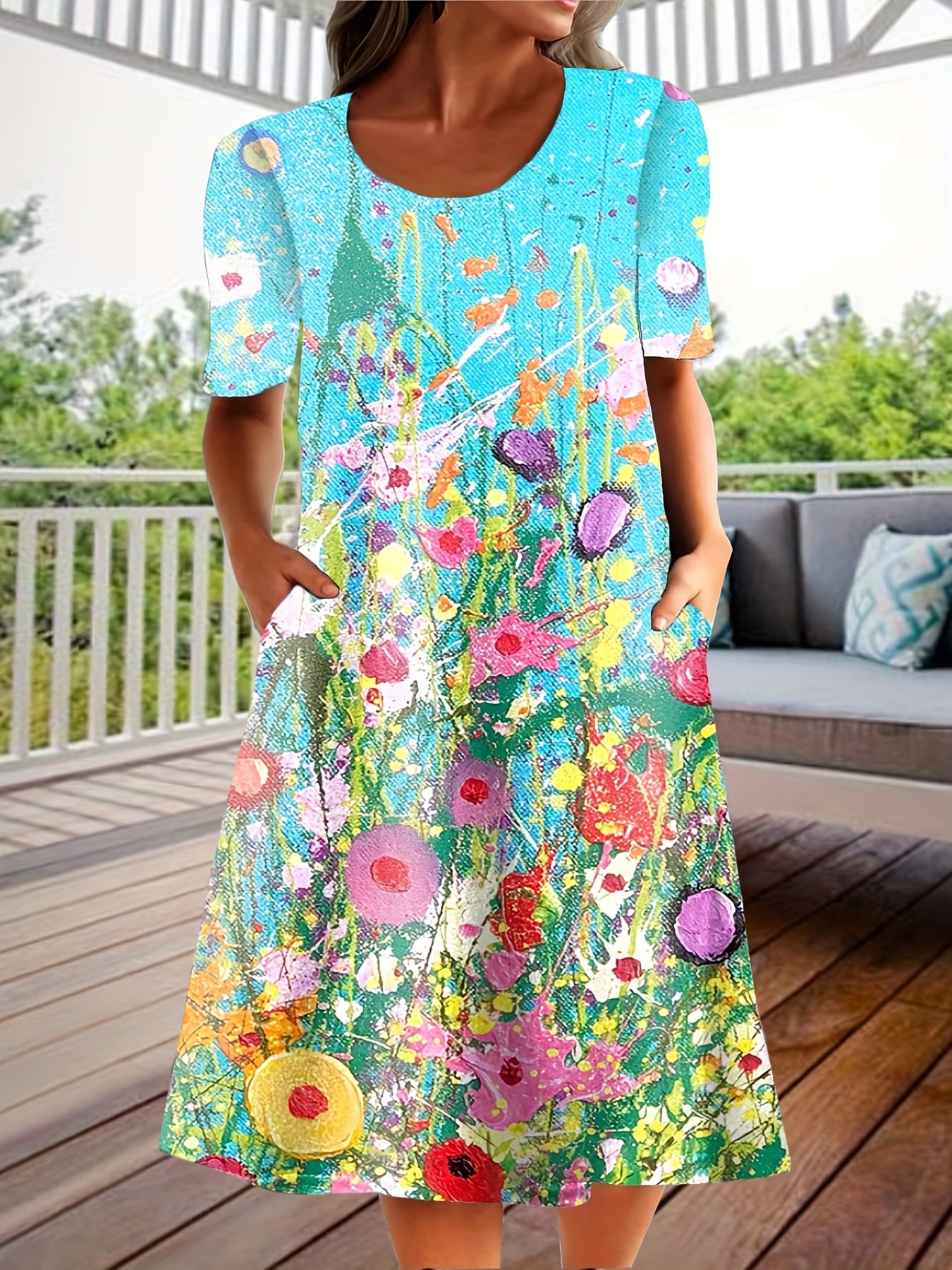 Floral Painting Print Short Sleeve Round Neck Dress With Pockets
