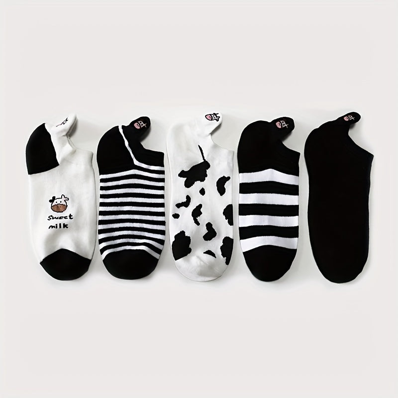 10 Pairs Cute Cartoon Cow Print Ankle Socks for Women