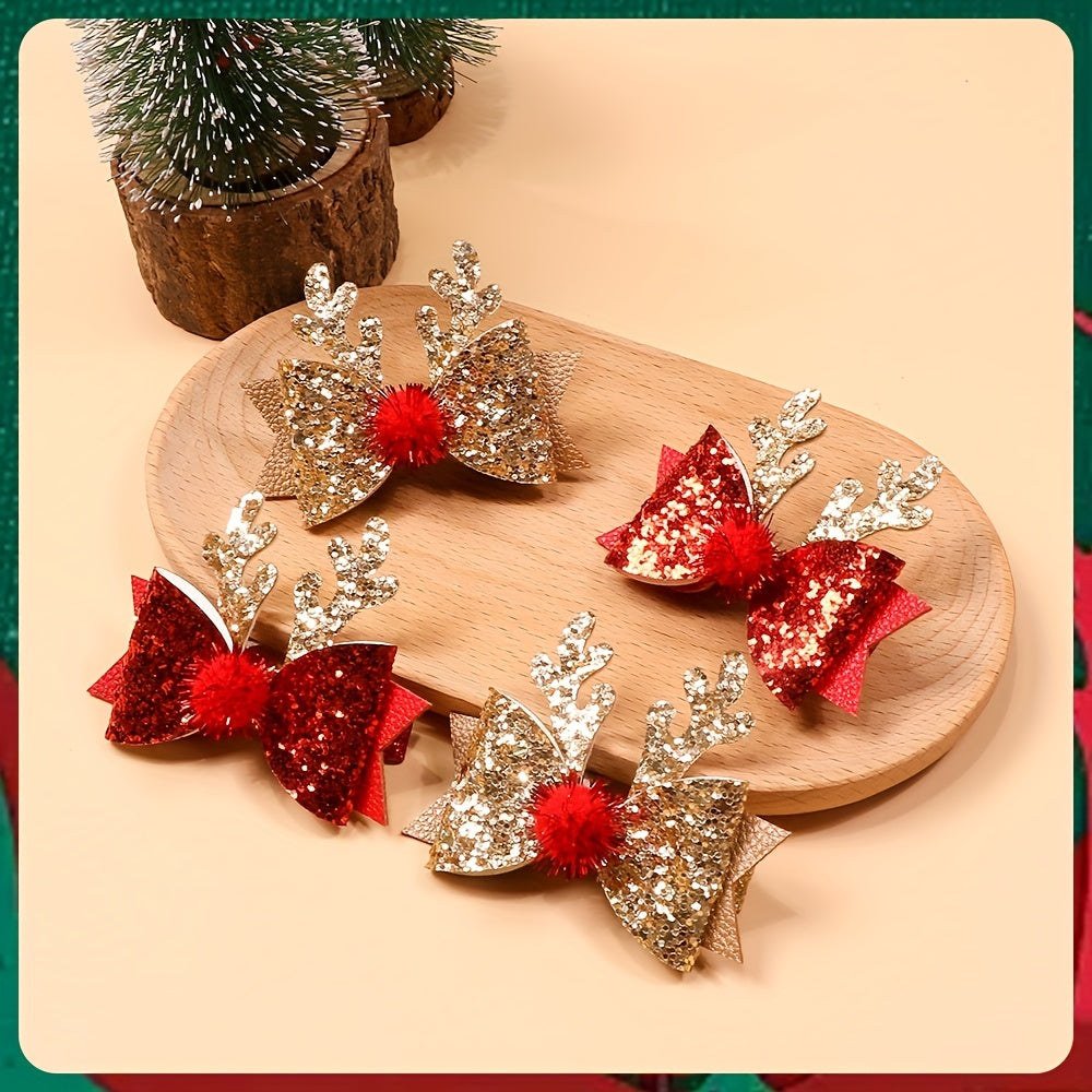 4pcs Christmas Antlers Sequin Bow Hair Clip for Baby Girls