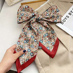 Red Floral Print Skinny Scarf Silk Hair Ribbon Neckerchief Twilly
