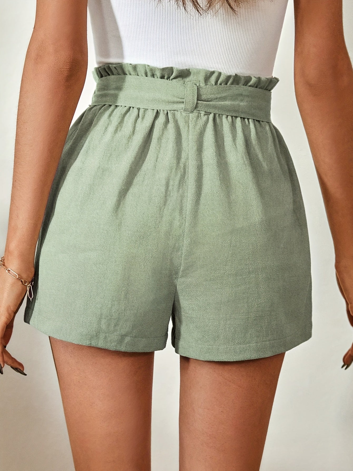 Solid Belted Paper Bag Waist Shorts Casual Patch Pocket Shorts Women's Clothing