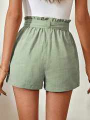 Solid Belted Paper Bag Waist Shorts Casual Patch Pocket Shorts Women's Clothing