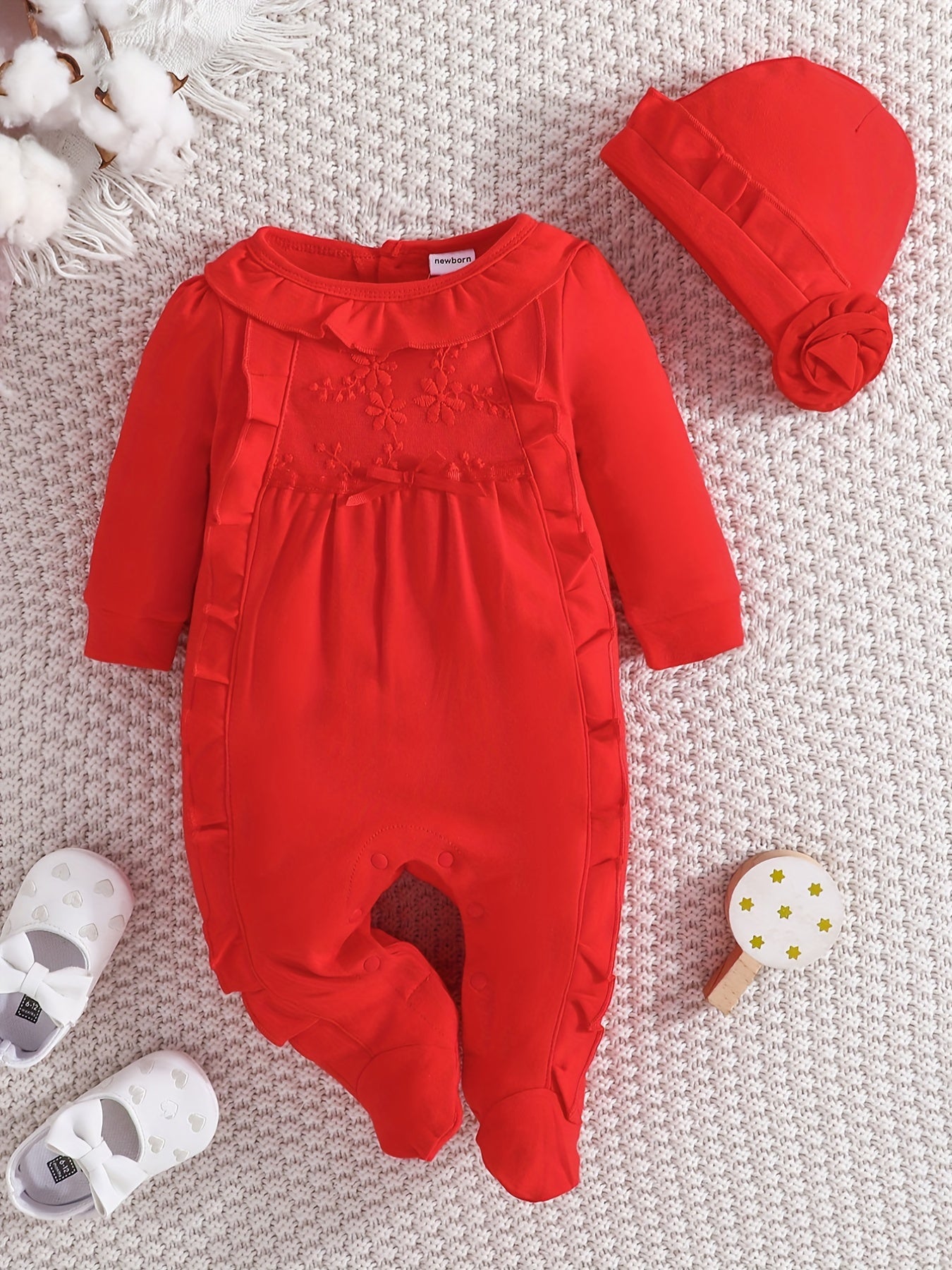 Baby Girl's Romper Ruffle Crew Neck Jumpsuit & Hat Set