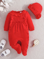 Baby Girl's Romper Ruffle Crew Neck Jumpsuit & Hat Set