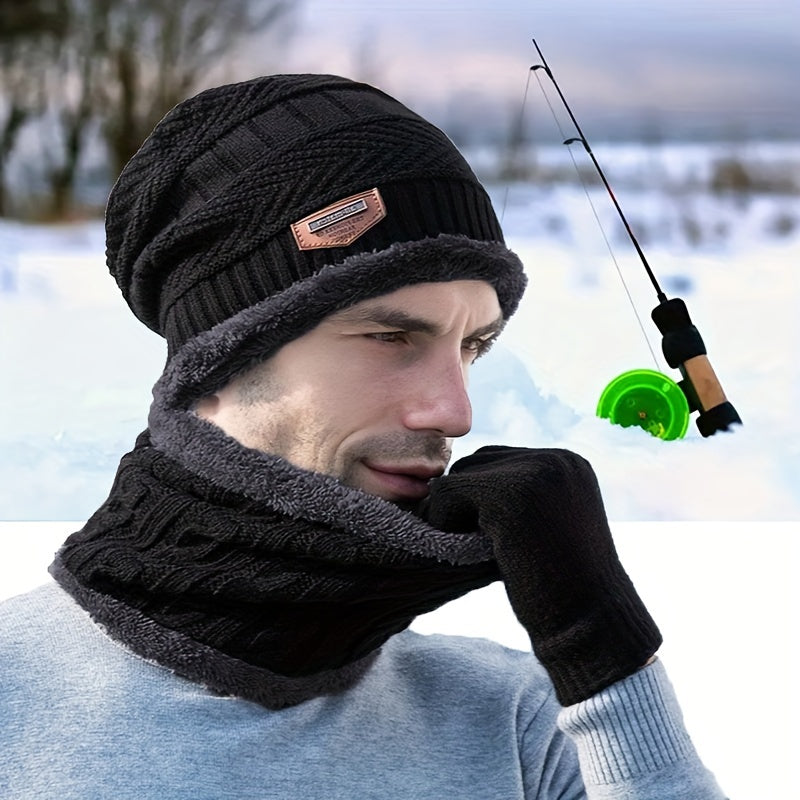2pcs Unisex Winter Warm Knitted Hat Neck Scarf Touch Screen Gloves