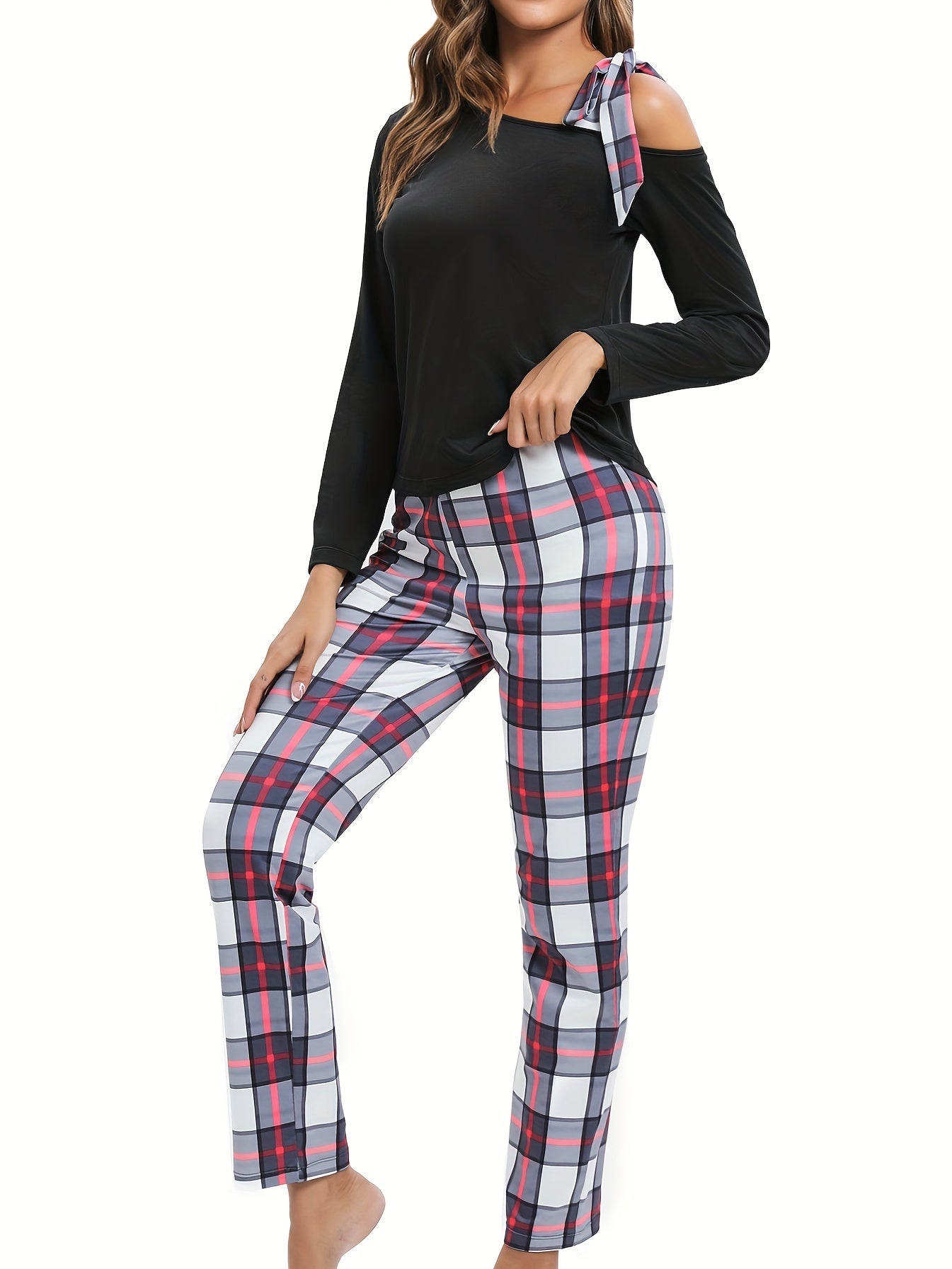 Plaid Print Lounge Set Off Shoulder Top & Pants Women's Loungewear