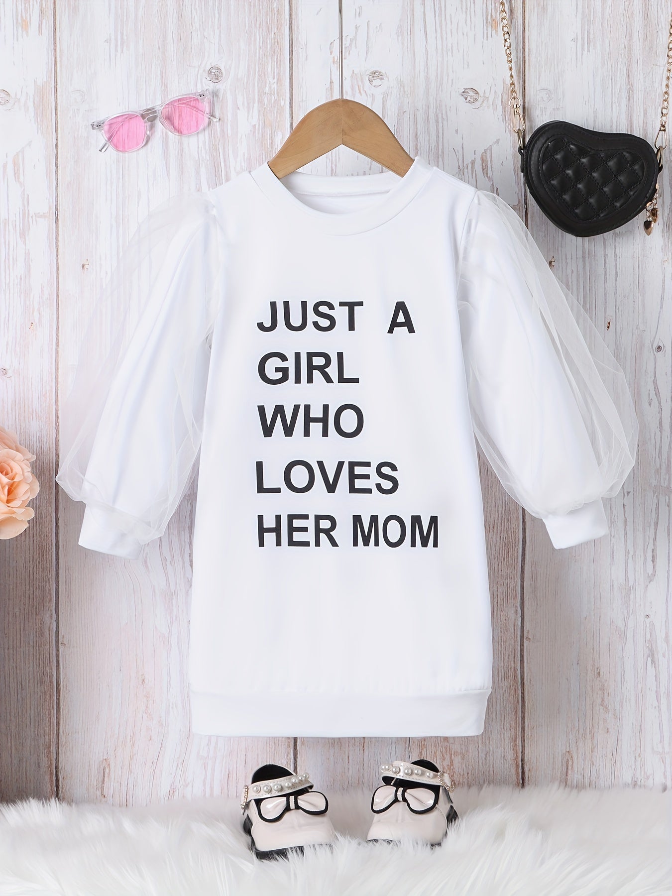 Girls' Letter Print Mesh Long Sleeve Dress - Party Holiday Outing