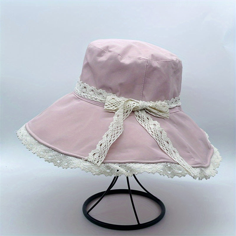 Bowknot Lace Decor Bucket Hat Wide Brim Sun Hat for Travel Beach