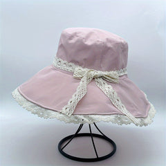 Bowknot Lace Decor Bucket Hat Wide Brim Sun Hat for Travel Beach