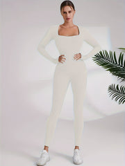 Rib Knit Yoga Jumpsuit Square Neck Bodysuit