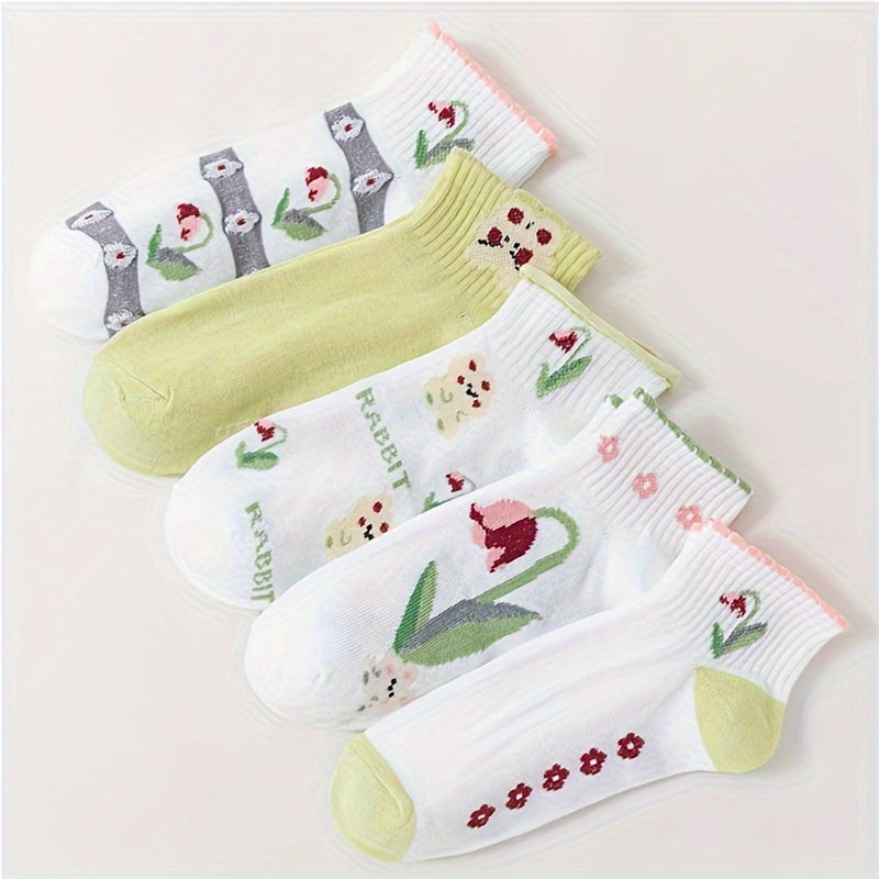 5 Pairs Floral Print Short Socks Women's Stockings