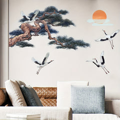 Chinese Style Ink Pine And Crane Painting Wall Stickers Bedroom Decoration