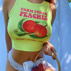 Peach & Letter Print Tank Top Y2K Crew Neck Sleeveless Summer Tank Top