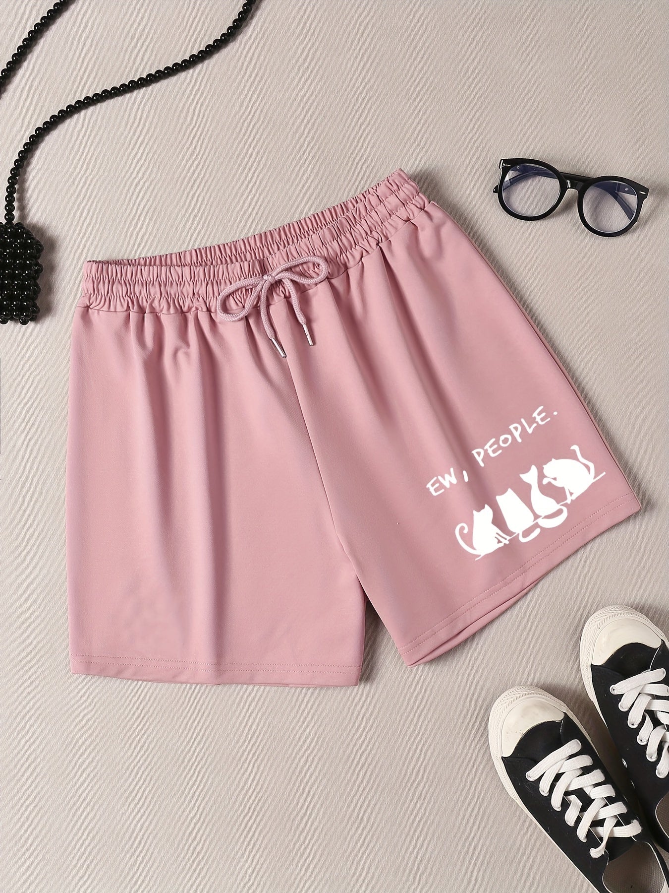 Cat & Letter Print Sporty Pajama Shorts