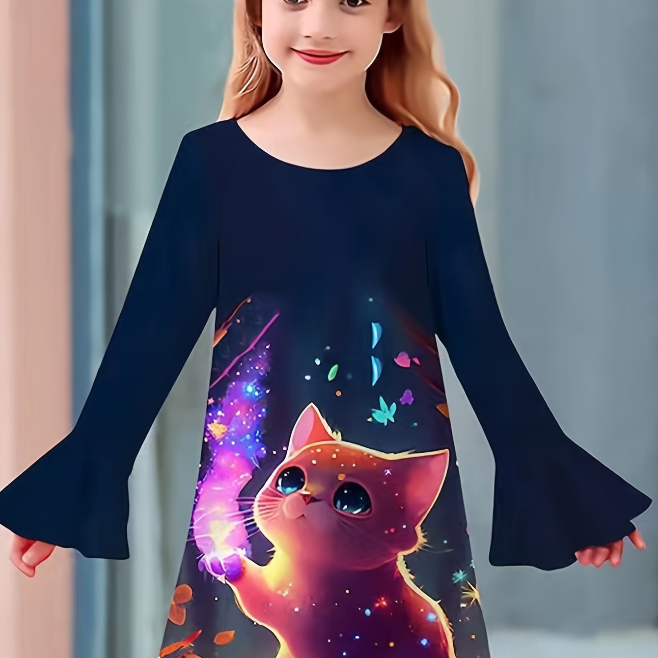 Dreamy Kitty Graphic Crew Neck Long Sleeve Dress Girls Spring Fall