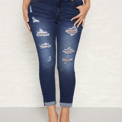 Ripped Holes Skinny Jeans Slim Fit Slash Pockets Stretch Curvy Denim