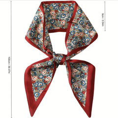 Red Floral Print Skinny Scarf Silk Hair Ribbon Neckerchief Twilly