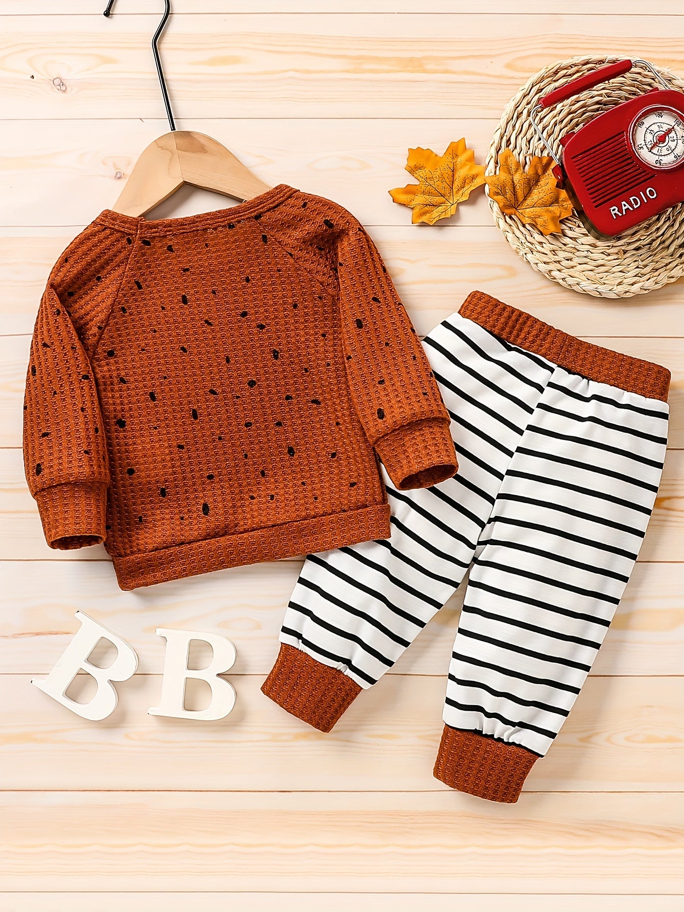 Boys Cartoon Dog Print Waffle Long Sleeve Striped Leg Set