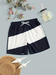 Boys Swim Trunks Contrast Print Drawstring Elastic Waist Beach Pants