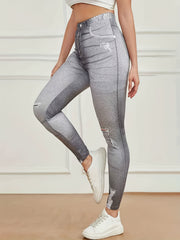 Denim Print Skinny Ripped Leggings for Women