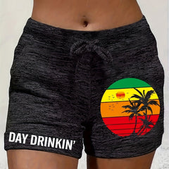 Sunset & Letter Print Drawstring Summer Shorts