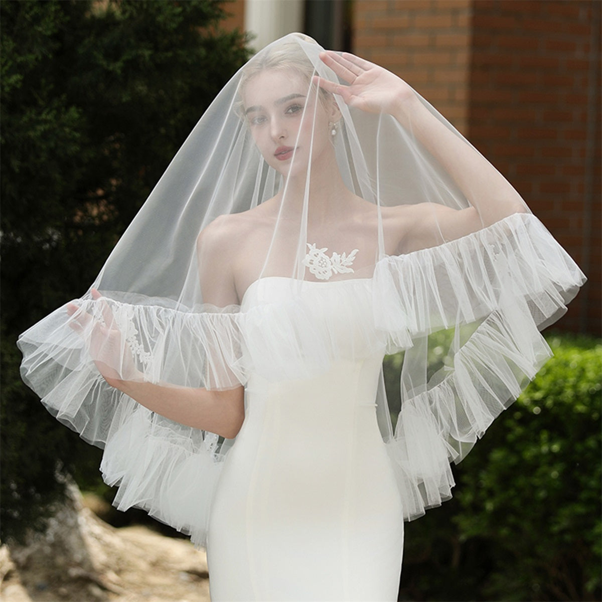 Ruffled Mesh Bridal Veil with Floral Embellishments