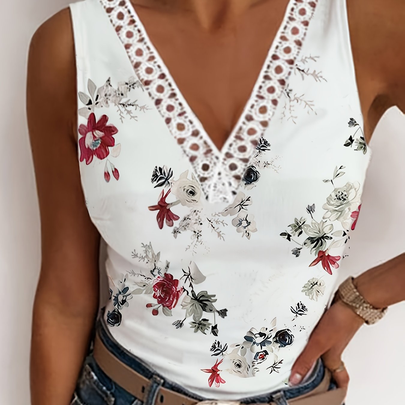 Floral Print Tank Top V Neck Casual Top Summer Spring