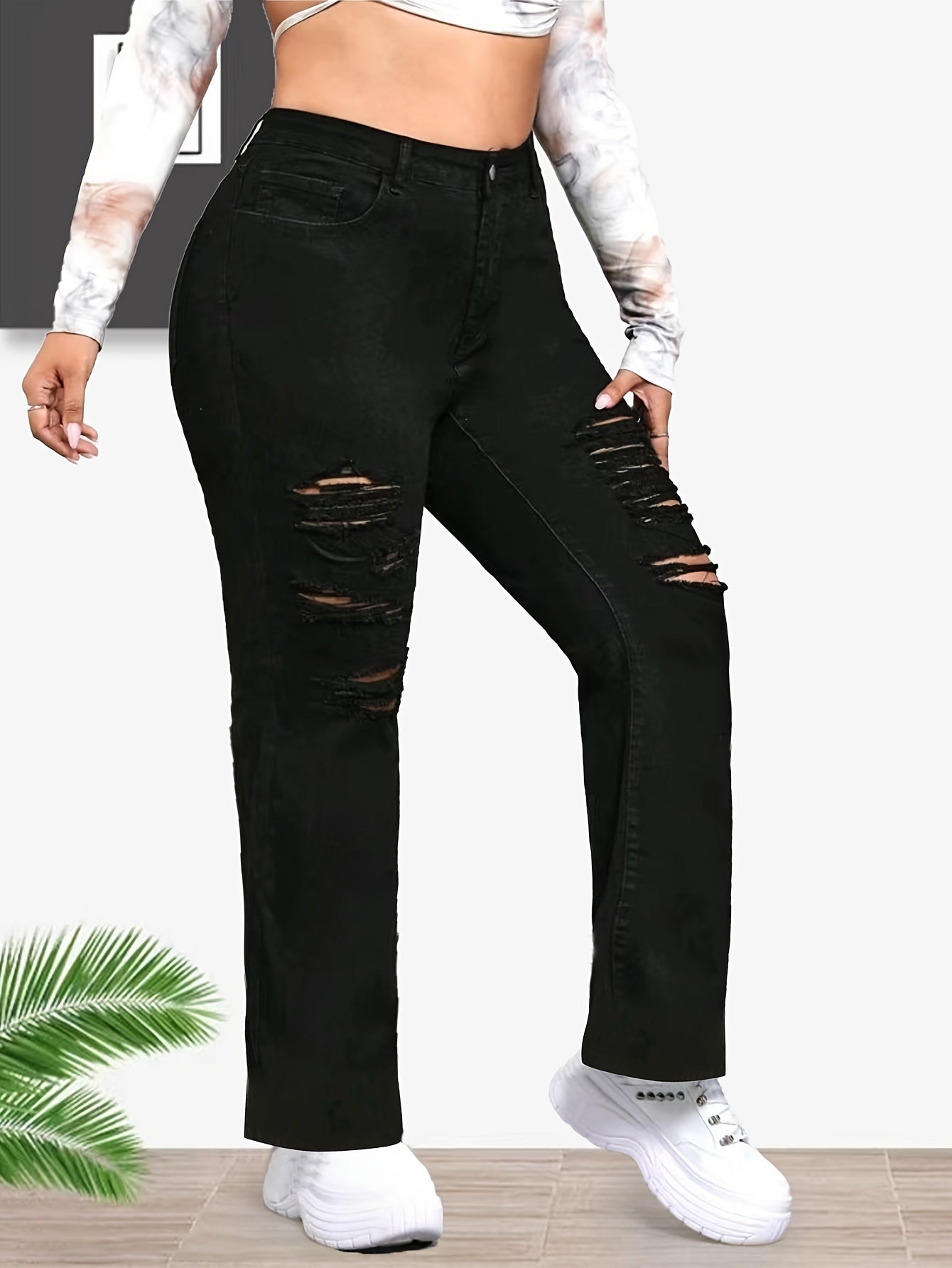 Ripped High Rise Flared Leg Jeans