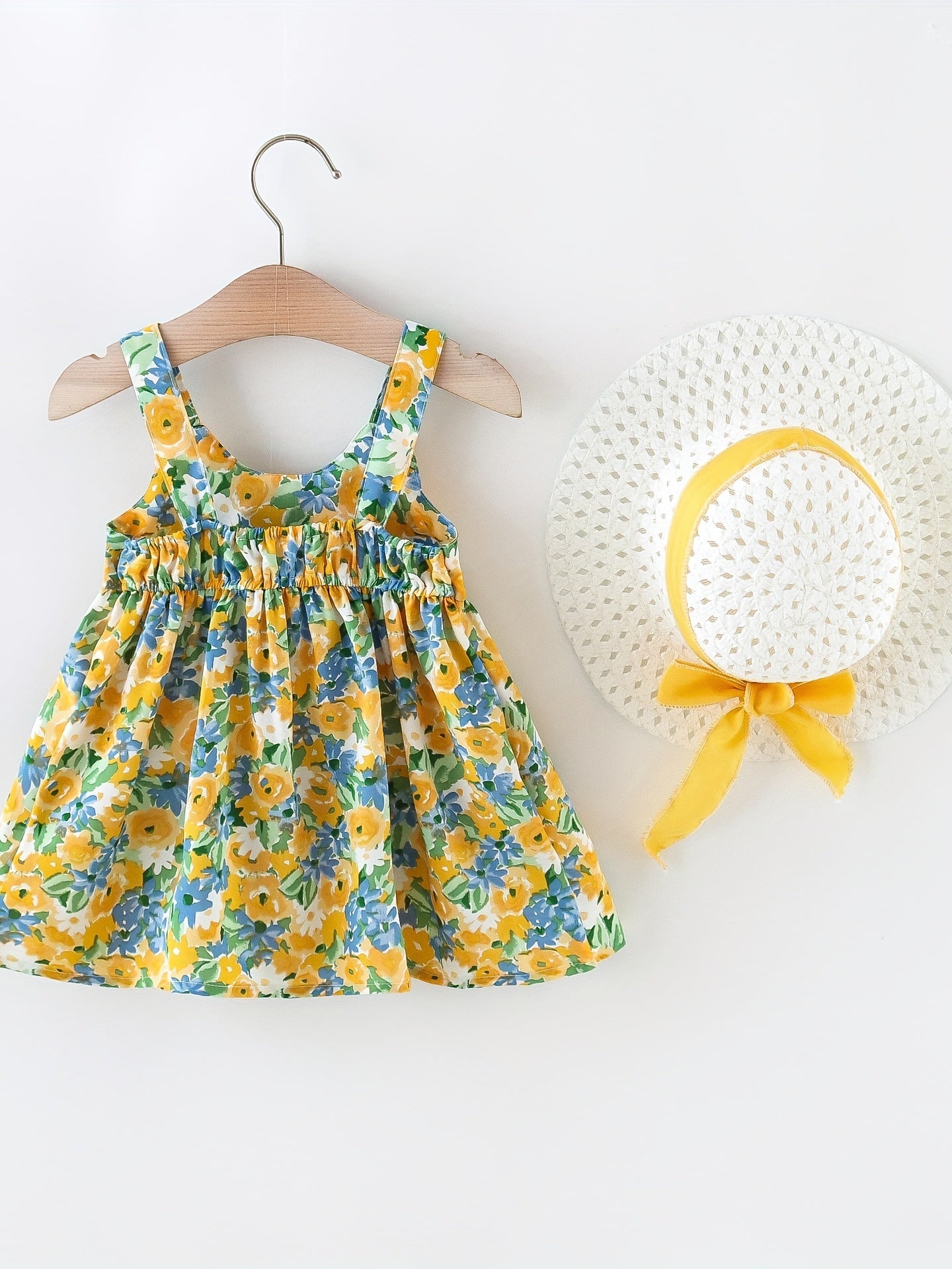 Sweet & Baby Girl's Flower Print Puffy Cami Dress With Bow & Hat