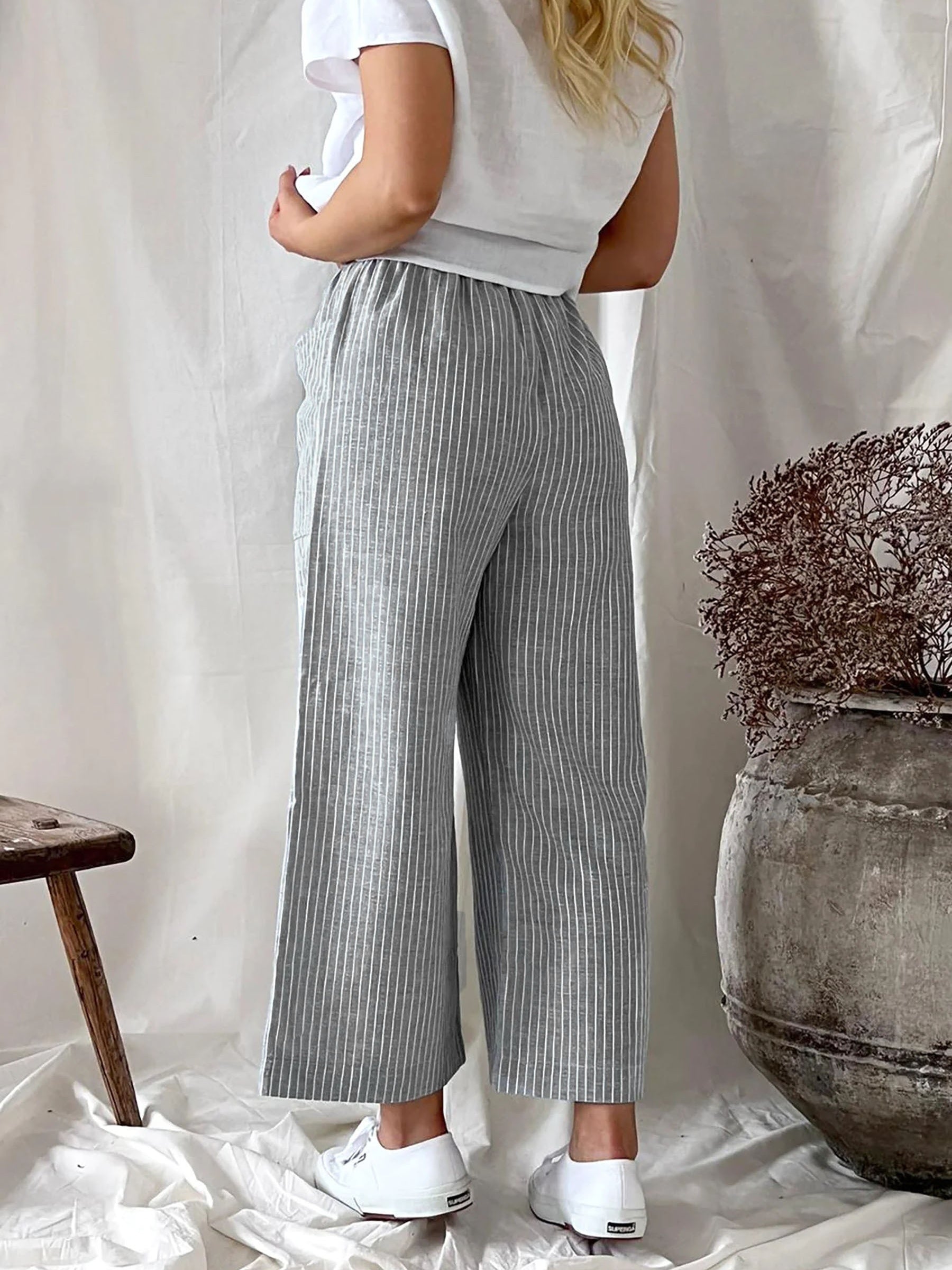 Striped Wide Leg Pants Elastic Waist With Pockets
