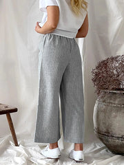 Striped Wide Leg Pants Elastic Waist With Pockets