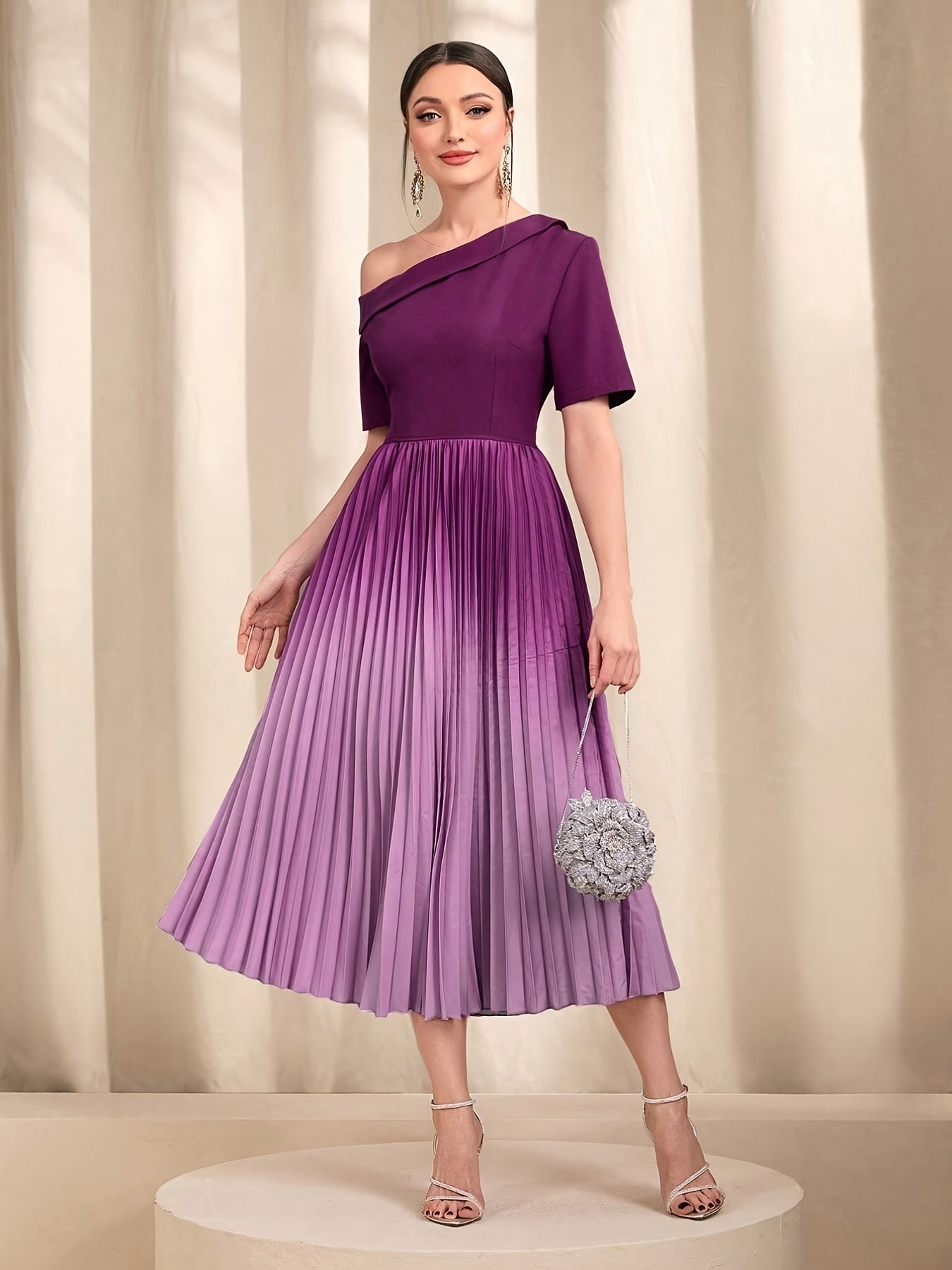 Ombre One Shoulder Pleated Dress Short Sleeve Dress For Banquet