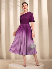 Ombre One Shoulder Pleated Dress Short Sleeve Dress For Banquet