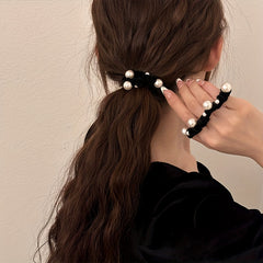 Pearl Decors Elastic Scrunchies Velvet Ponytail Holders