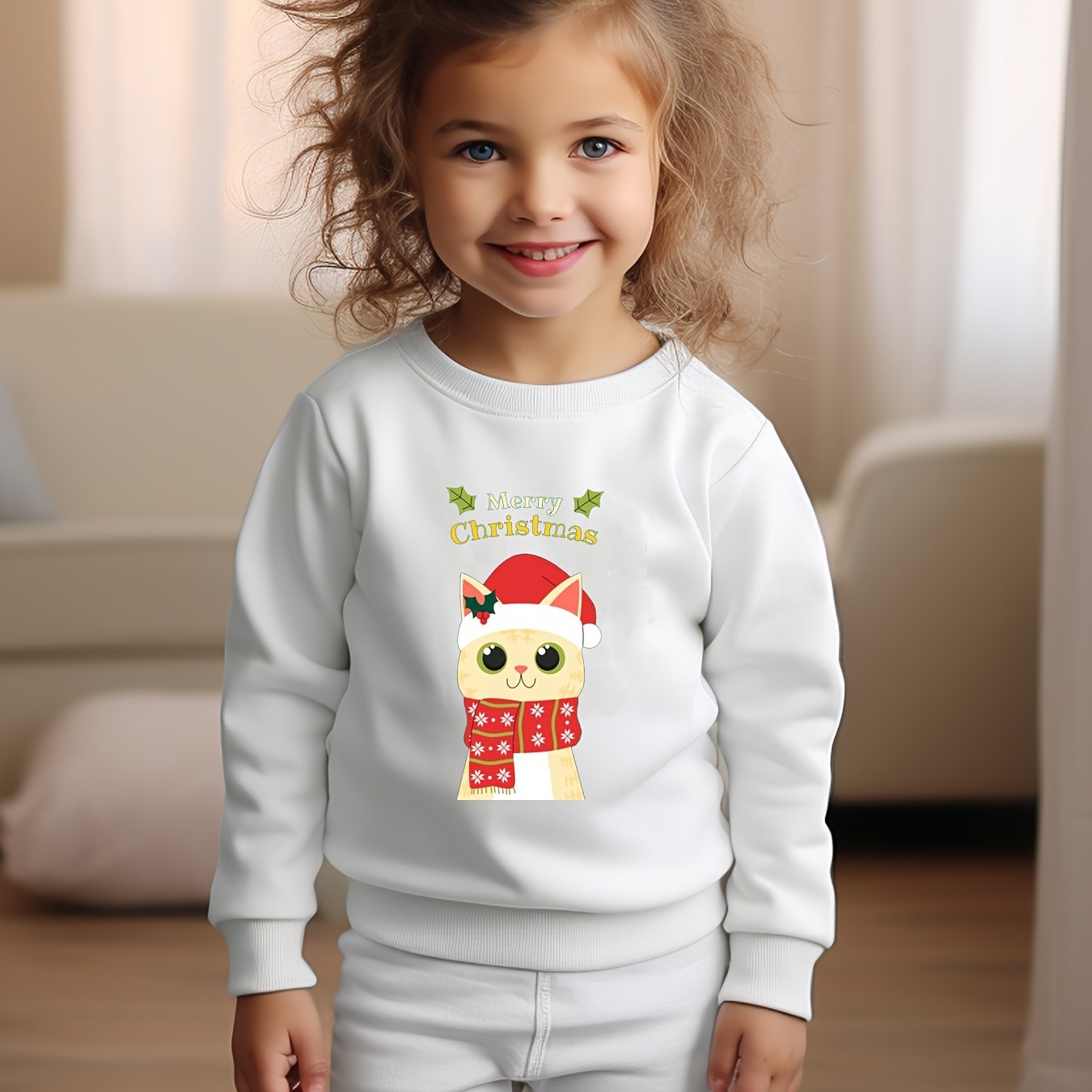Christmas Kitty Graphic Crew Neck Long Sleeve Sweatshirt Kids