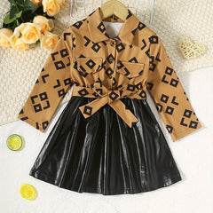 Kid Girl's Geo Print LS Shirt Leather Skirt Dress Outfit