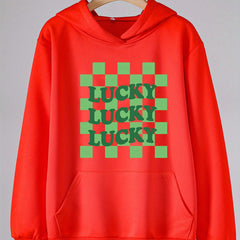 Checkered LUCKY Letter Print Clover Graphic Hoodies For Girls